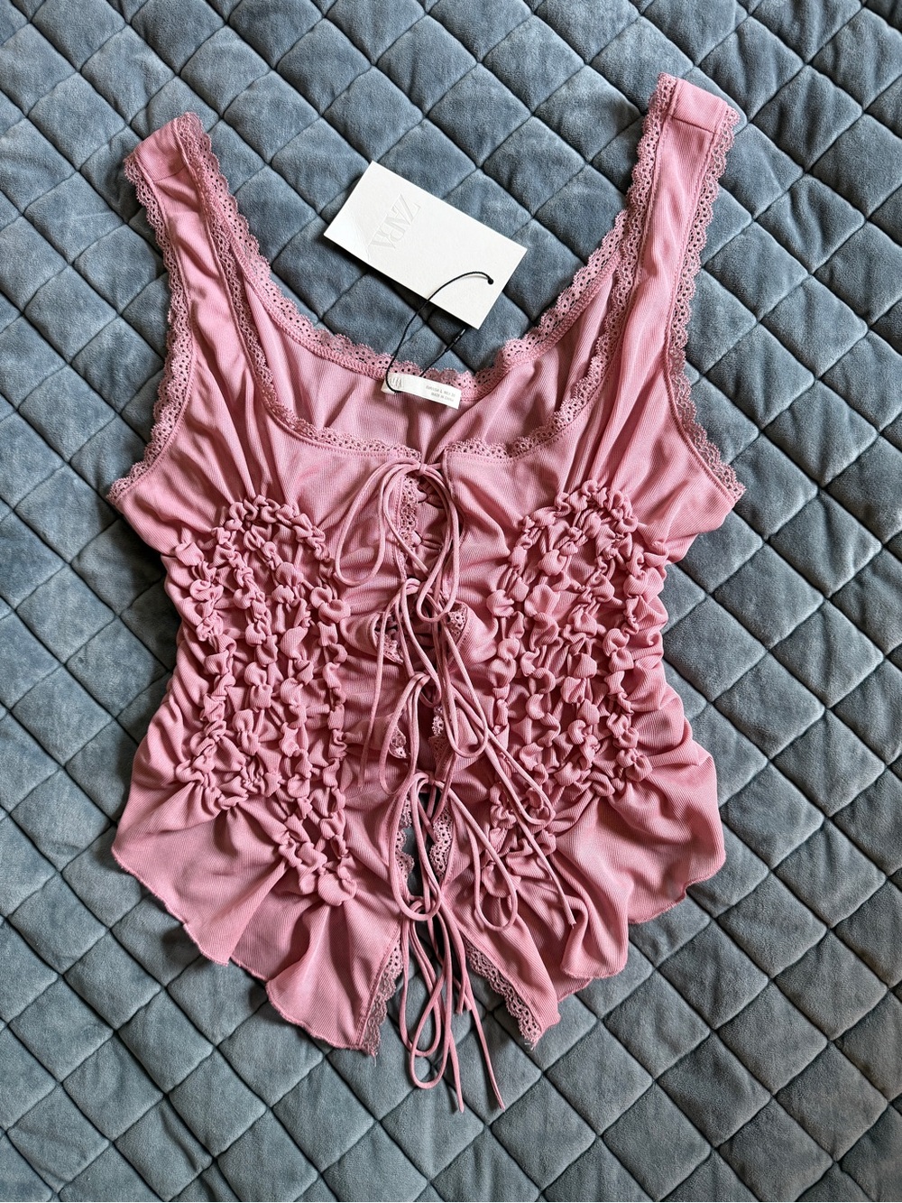 Zara Pink Lace-Trim Smocked Front Tank Top